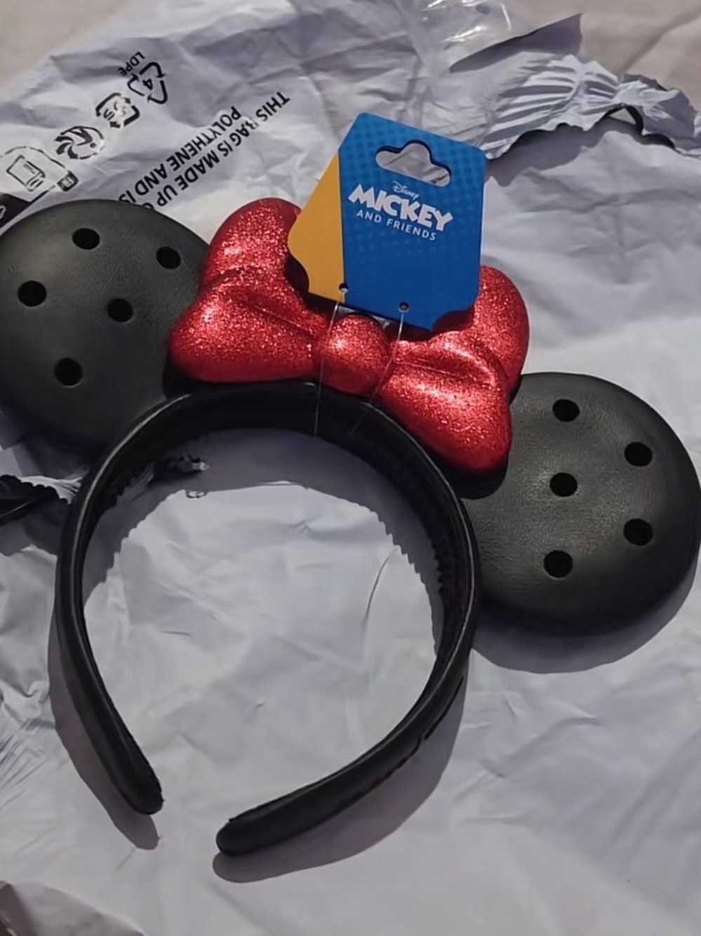Disney x Crocs Black Minnie Ears Headband with Red Glitter Bow
